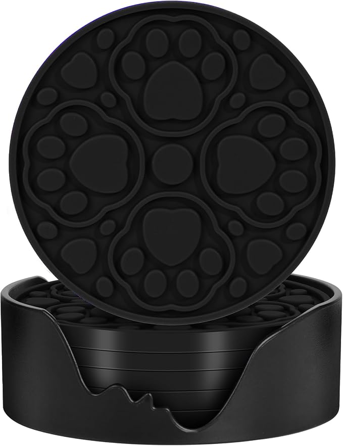Black Silicone Coasters with Holder, 4 Inch Modern Non-Slip Drink Coasters Set by Bangkee
