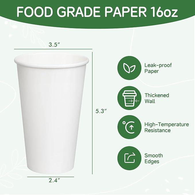 16 oz 500 Pack White Disposable Paper Coffee Cups, Hot/Cold Drink Cups - Image 2