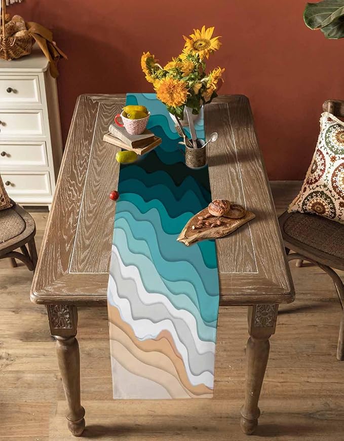 Turquoise Geometric Beach Table Runners 120 Inches Long, Cotton Linen Fabric - Image 4
