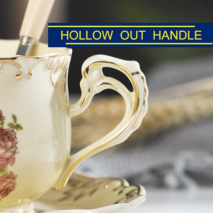 YOLIFE Tea Cups and Saucers Set of 2, 8 OZ Pink Rose Tea Cups Set | Ivory - Image 6