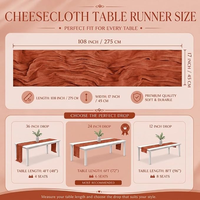 12 Pack Terracotta Cheesecloth Table Runner 17x108 Inch Boho Rustic Semi Sheer - Image 3