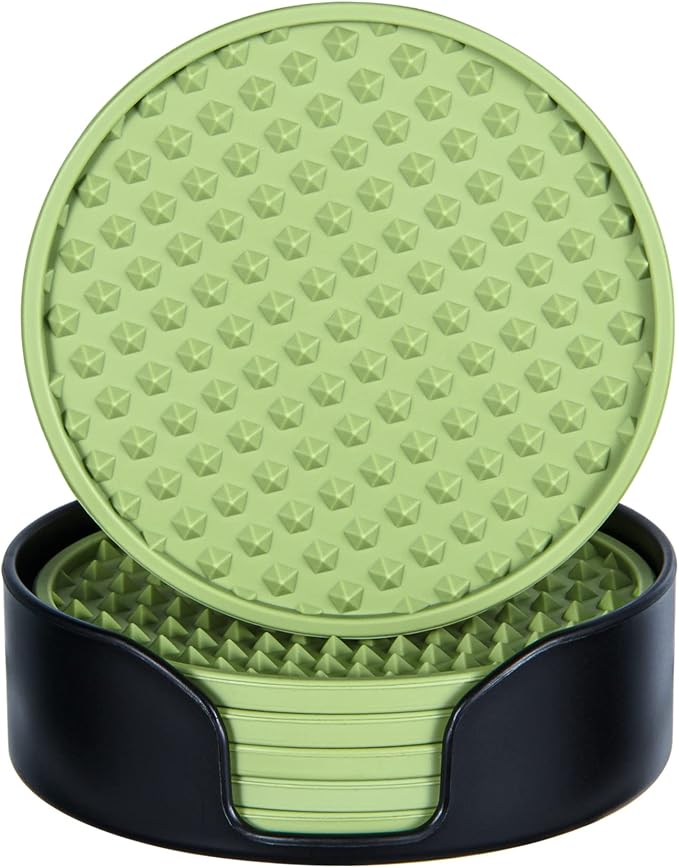 Rubber Coasters Set 6 with Holder, Non-Slip Silicone Drink Coaster Cup Mats | by KEHOUXRE