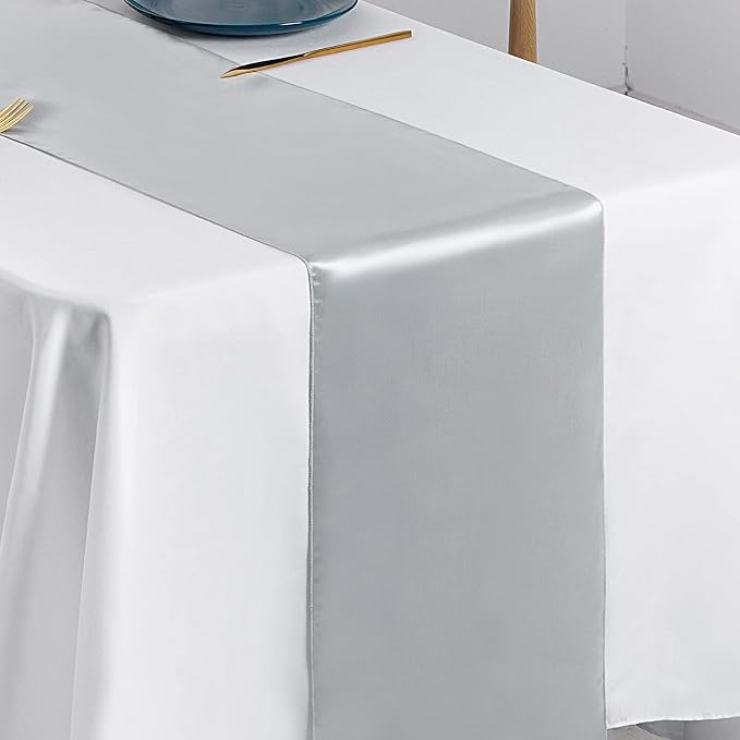 SiinvdaBZX 24 Pcs Silver Satin Table Runner 12 x 108 inches Long | Bright - Image 6