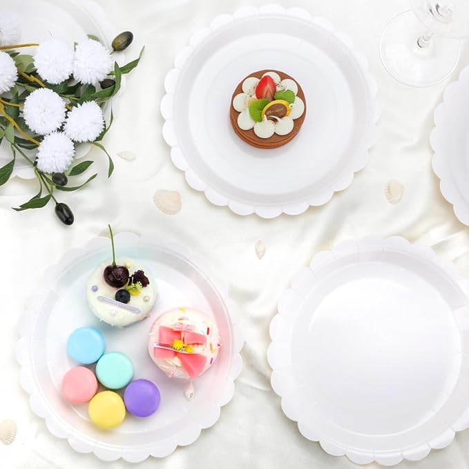 50 Pcs White Paper Plates 9 Inch Scalloped Dessert Plates - Image 4