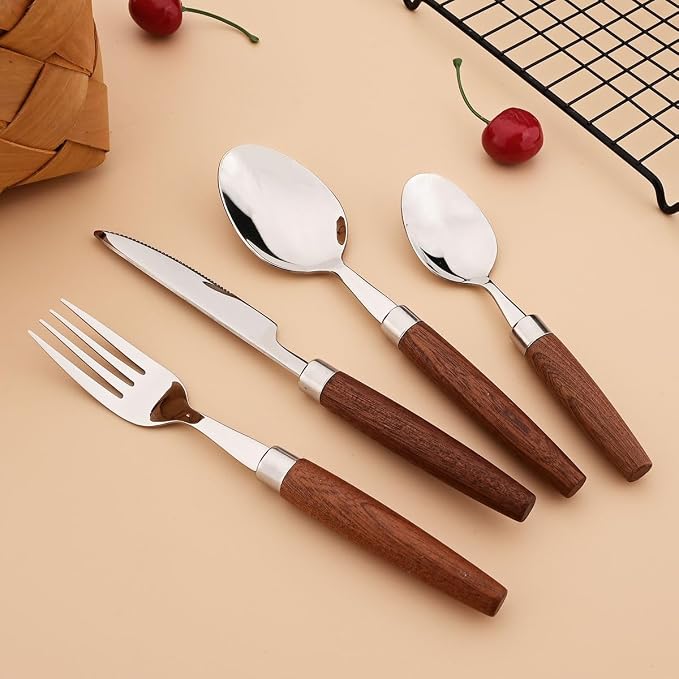 16-Piece Wooden Handle Silverware Set, BRIIEC 304 Stainless Steel Flatware Set - Image 4
