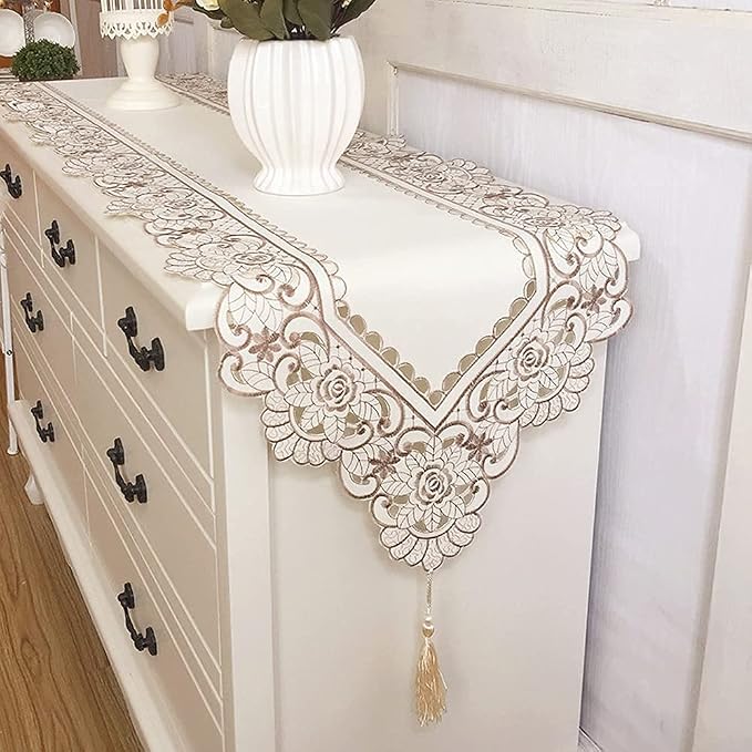 Embroidered Lace Table Runner, Arzoe Elegant Vintage Mantel Scarf, Dresser by Arzoe