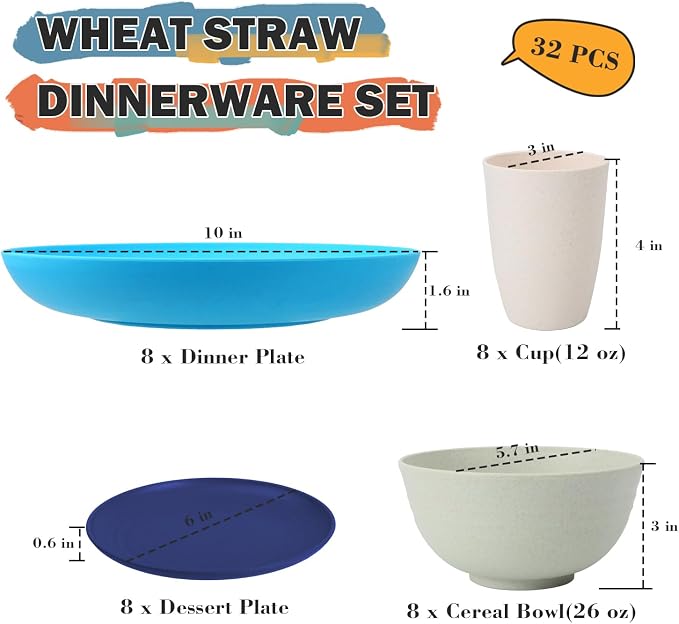 Wheat Straw Dinnerware Sets of 32, Unbreakable Plates and Bowls Sets Service - Image 2