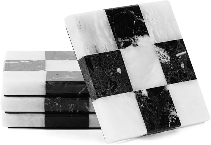 Marble Coasters Set of 4, Zebra Black & White Handmade 4 inch Square Checkered by Earthentones