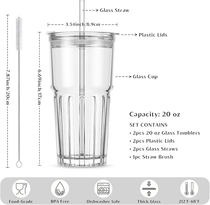 INSETLAN 20oz Clear Glass Cups & Tumbler Set - Image 3