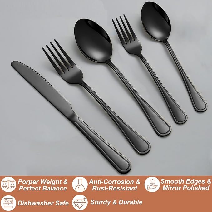 40 Pcs Black Silverware Set for 8, Food Grade Stainless Steel Flatware Set - Image 3
