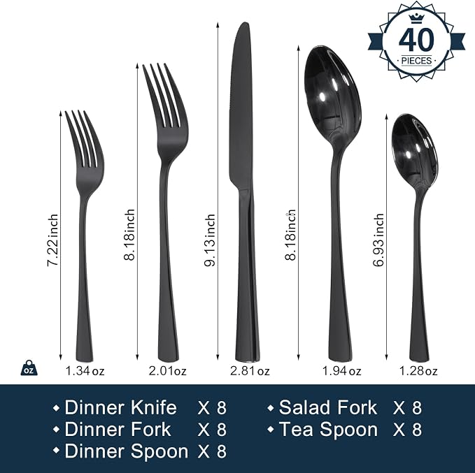 18/10 Flatware set for 8, 40 Piece Black Stainless Steel Silverware Set | - Image 2