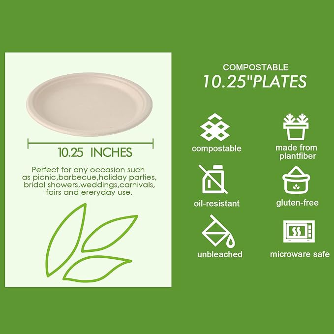 Vplus 500 Pack Compostable Bagasse Paper Plates 10.25 inch, Nature | Super - Image 3