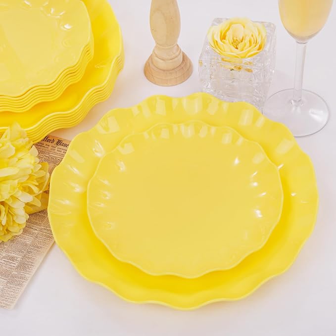 LIYH 24Pcs Yellow Plastic Plates Reusable, Dinner And Salad Set - Image 2