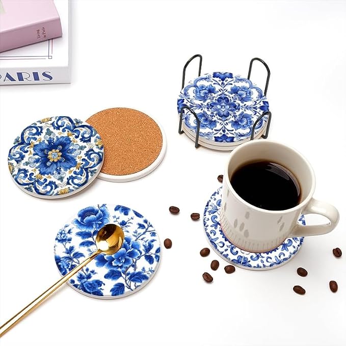 Drink Coasters Set of 6 with Holder Blue and White Porcelain Coasters, Modern - Image 6