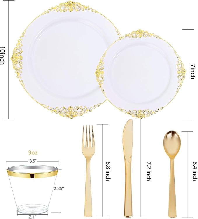 Nervure 600Pcs Gold Plastic Plates, Plastic Dinnerware Set - Image 9