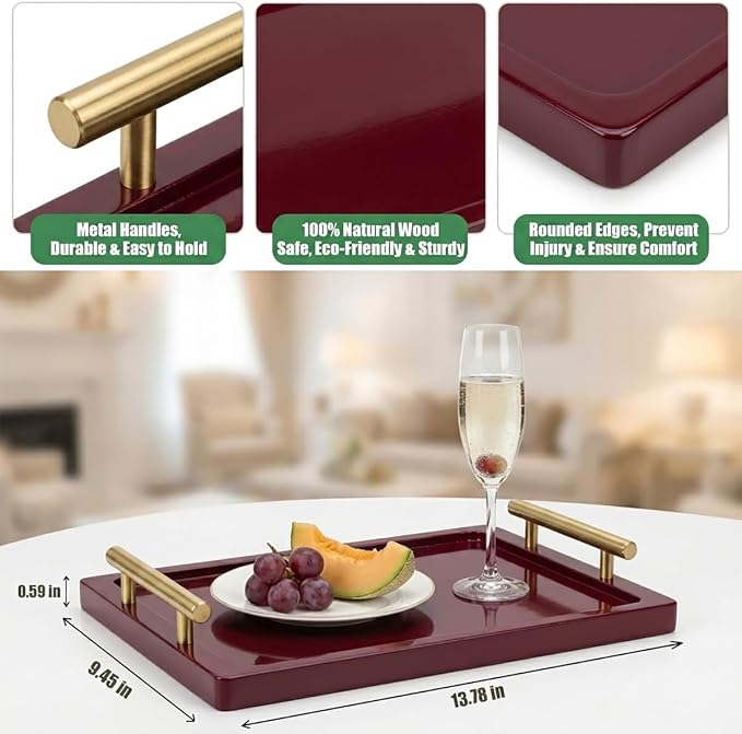 PEKER Wooden Serving Tray with Metal Handles, Ottoman & Home Décor, Wooden Food - Image 2