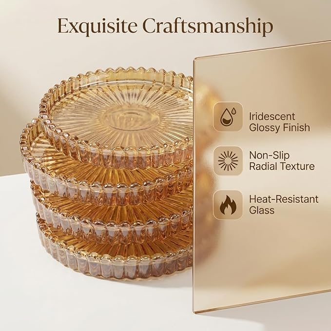 Modern Minimalist Amber Round Glass Coaster Set, 5 Pieces, Durable Glass - Image 2