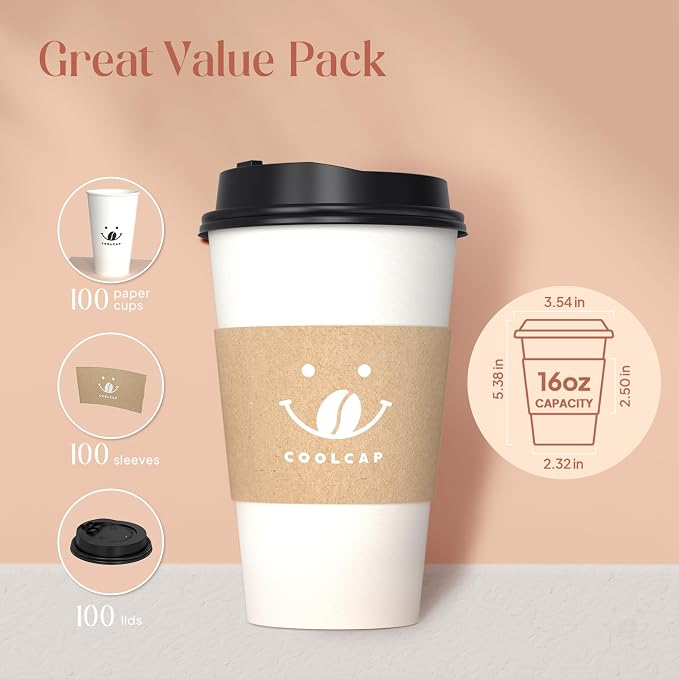 Coffee Cups with Lids and Sleeves, 16 Ounce 100 pack To Go Coffee Cups with Lids - Image 2