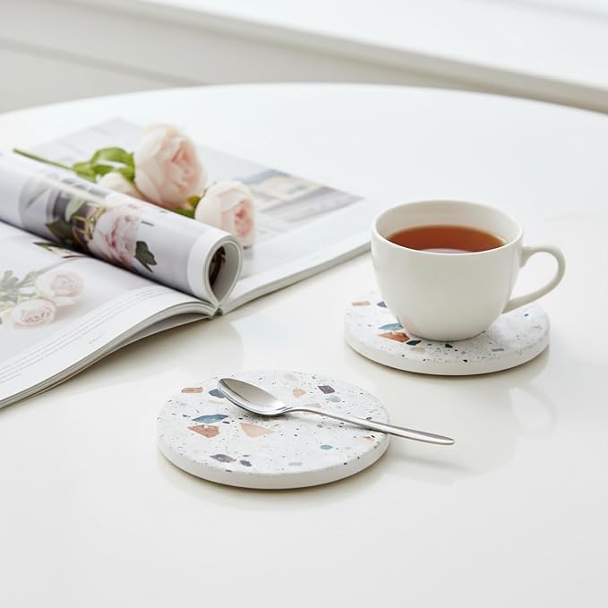 Terrazzo Coasters Set of 6, Colorful Boho Absorbent Ceramic Coasters | Speckled - Image 4