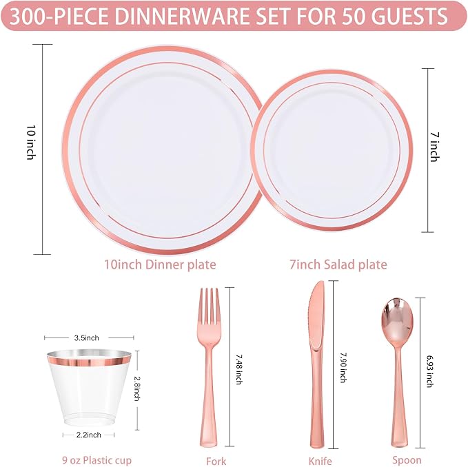 WELLIFE 300 PCS Rose Gold Disposable Dinnerware Set - Image 6