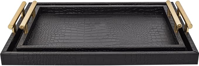 Set of 2 Modern Elegant Large Wood Serving Tray, Rectangle Decorative Tray by MACVAD