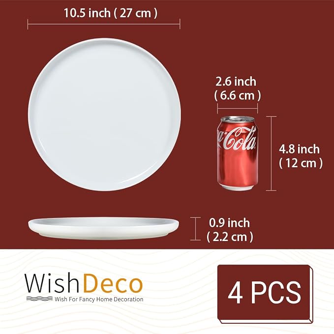 White Dinner Plates Set of 4, Ceramic Dining Plates 10.5 inch, Large Salad Plate - Image 3