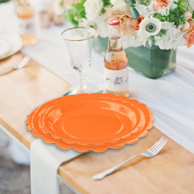 50 Pcs Orange Scalloped Paper Plates 25 × 7'' and 25 × 9'' Disposable Orange - Image 5