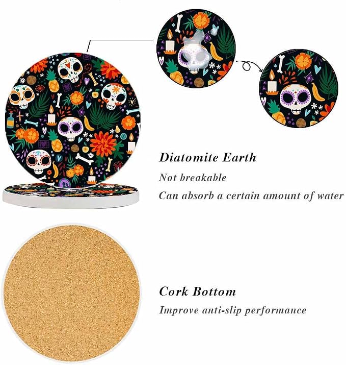 oFloral Floral Skull Coasters for Drinks Day of The Dead Bone Colorful Ethnic - Image 4