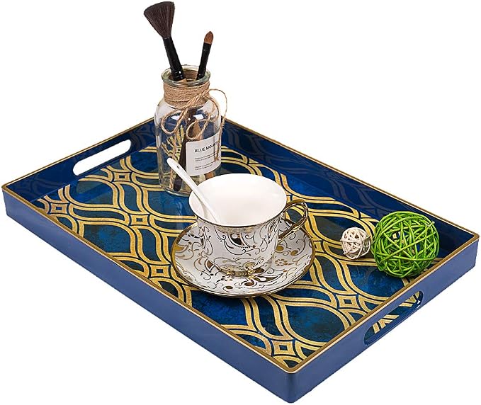 Blue Decorative Tray with Handles, Plastic Serving Tray - Image 5