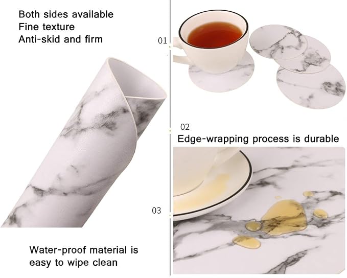 Marble Round Placemats and Coasters, Faux Leather Waterproof Table Mats - Image 5