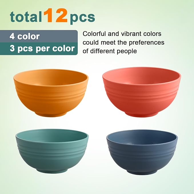 HEYCOME 12 Pcs Unbreakable Cereal Bowls Set, 26 Oz Wheat Straw Bowls Set - Image 3