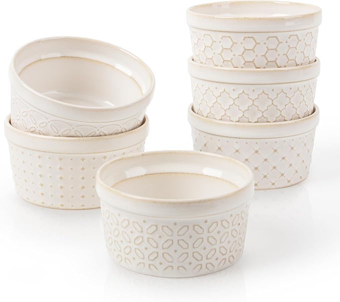 Dowan Ramekins 4 oz Oven Safe Set of 6, Arctic White Porcelain Baking Bowls and by DOWAN
