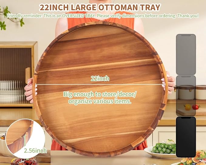 Extra Large Round Ottoman Coffee Table Tray, Huge Wood Serveware Tray - Image 8