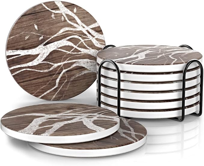 UMIRRO Absorbent Ceramic Stone Coasters Set of 6 w/Holder, Woodland Branch | by Umirro