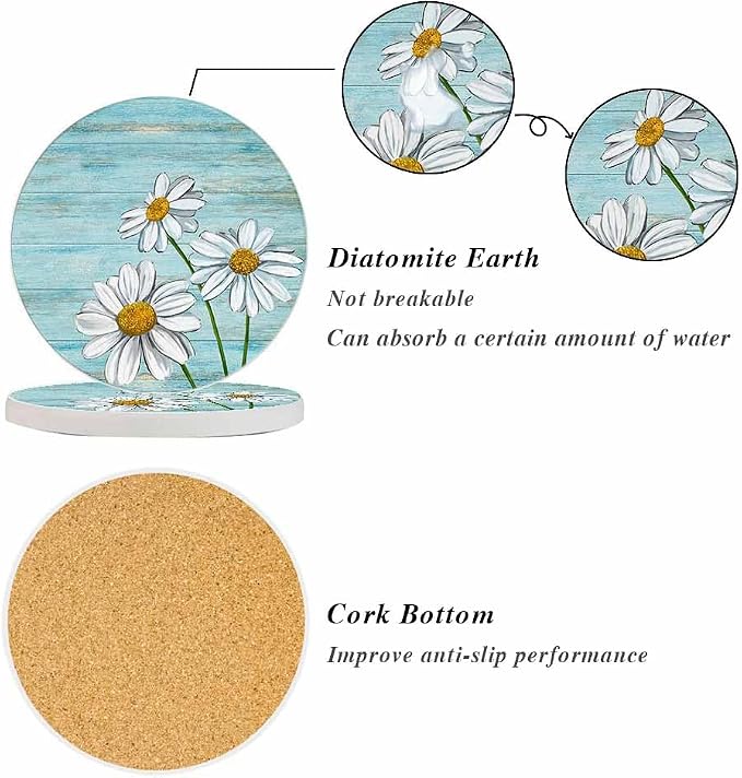 Daisy Flowers Ceramic Coasters Blue Old Wooden Background Absorbent Drink - Image 4