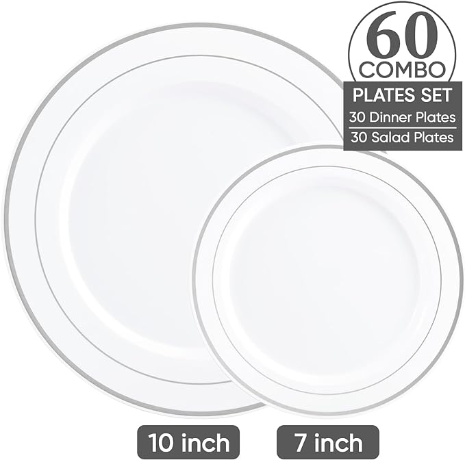 FOCUSLINE Silver Plastic Plates Set of 60, Disposable Plates - Image 2