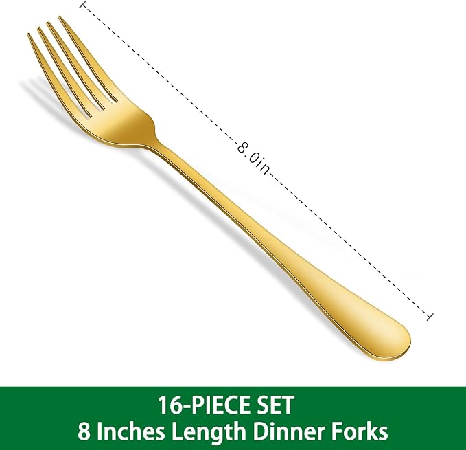 16-Piece Gold 8 Inches Stainless Steel Dinner Forks Set, Durable Mirror - Image 2