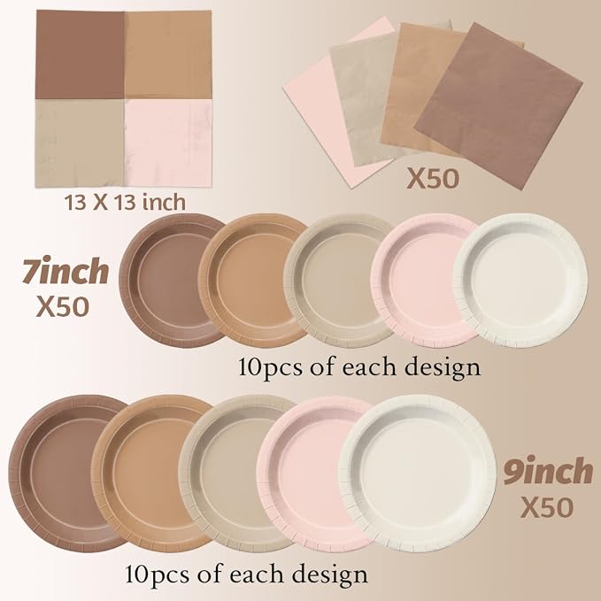 CMUSKO Boho Baby Shower Decorations-150Pcs Gradient Brown Plates and Napkins - Image 4