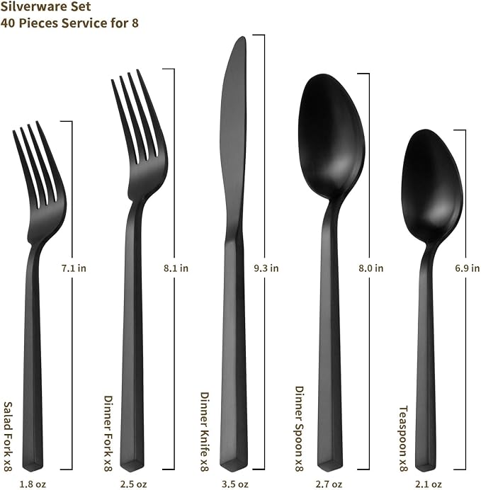 Alata Cube Matte Black 40-Piece Flatware Set, Forged Cutlery Set, Service - Image 2