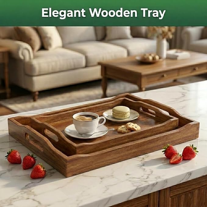 Acacia Wood Serving Trays with Handles, Rectangular Wooden Tray Set of 2 - Image 7