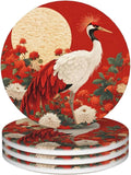 Crane Bird Flower Painting Coasters by Unknown