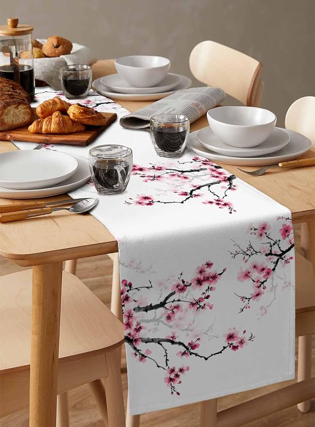 Pink Cherry Flowers Short Table Runners 36 Inches, Cotton Linen Fabric Table - Image 3