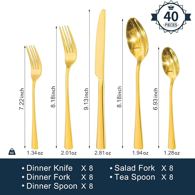 18/10 Flatware set for 8, 40 Piece Gold Stainless Steel Silverware Set | - Image 2