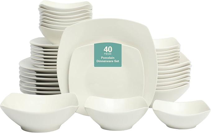 Gibson Home Brentwood 40-Piece Dinnerware Set – Square White Porcelain Plates by GibsonHomewares