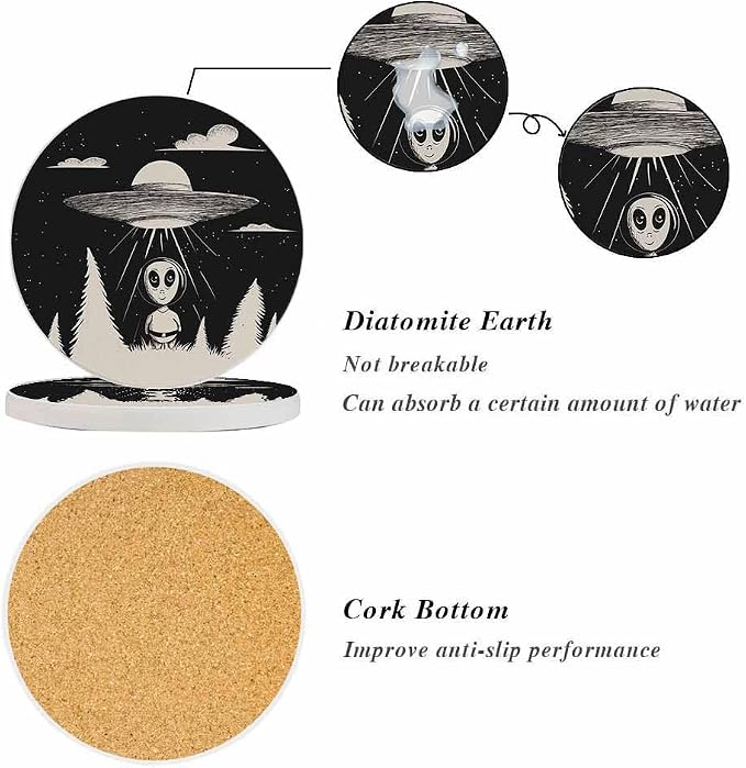 oFloral Alien Coasters for Drinks UFO Landed at Night Futuristic Comics Drink - Image 4