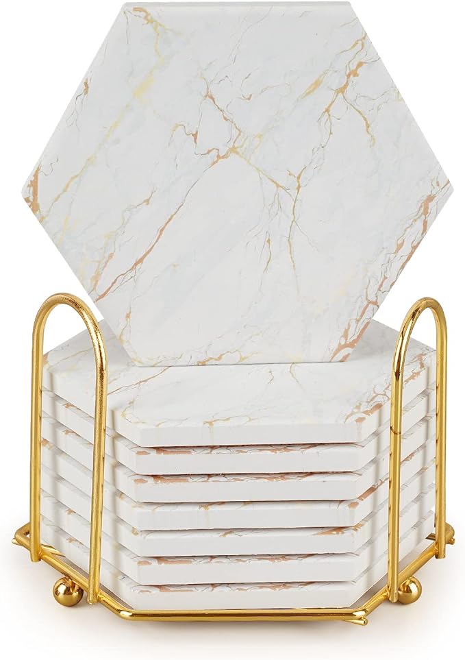 Coasters for Drinks with Holder, Absorbent Marble Coaster Set of 8, Ceramic by Geichan