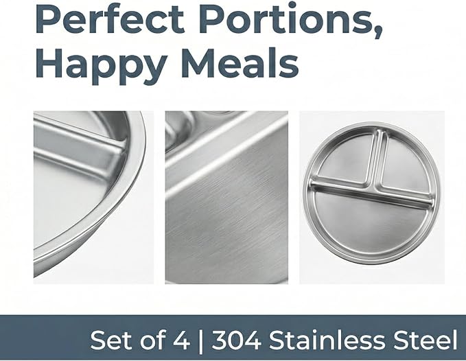 BEWBBAT 4 Pack 304 Stainless Steel Divided Plate, 8 Inch 3 Section Round - Image 3