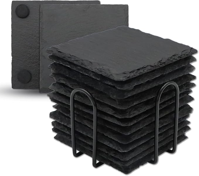 VIBRATITE 12 Pack 4 Inch Square Black Slate Drink Coasters by VIBRATITE