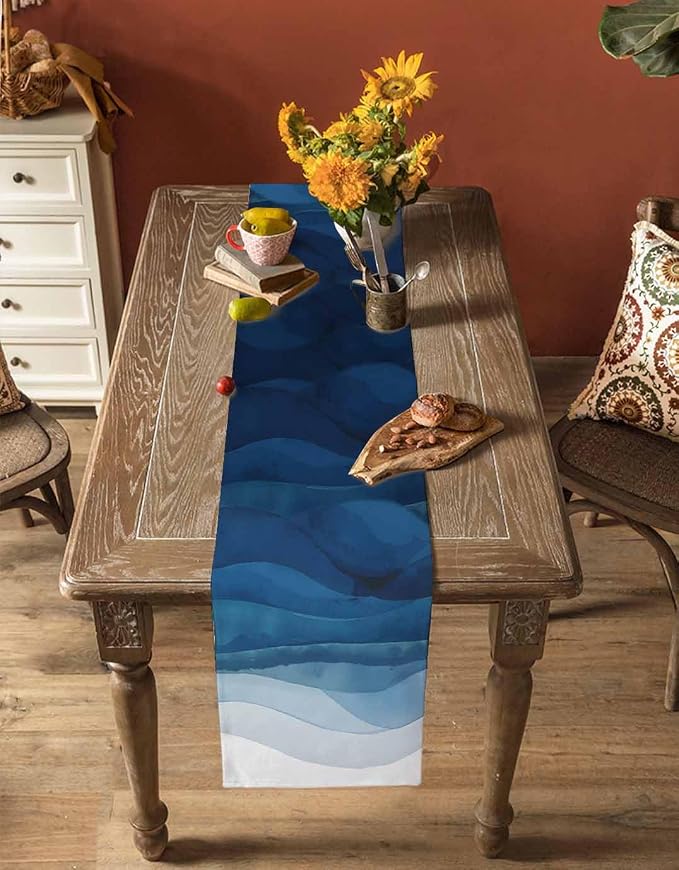 Navy Blue Ombre Table Runners 90 Inches Long, Abstract Modern Stripe Table - Image 4