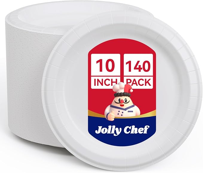 JOLLY CHEF10 inch 140 Pack Disposable Paper Plates, Soak Proof, Cut Proof by JOLLYCHEF